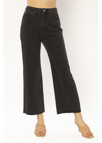 Amuse Society Women's Gabi Crop Flare Jean in Washed Black. Front View on Model. 