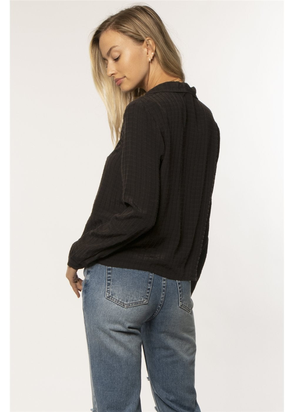 Amuse Society Women's Black Carson Long Sleeve Woven Top. Back View on Model. 