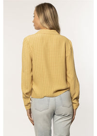 Amuse Society Women's Carson Long Sleeve Woven Top in Marigold. Back View on Model. 