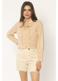 Amuse Society Women's almond cream cliff house long sleeve woven top. Front View. 