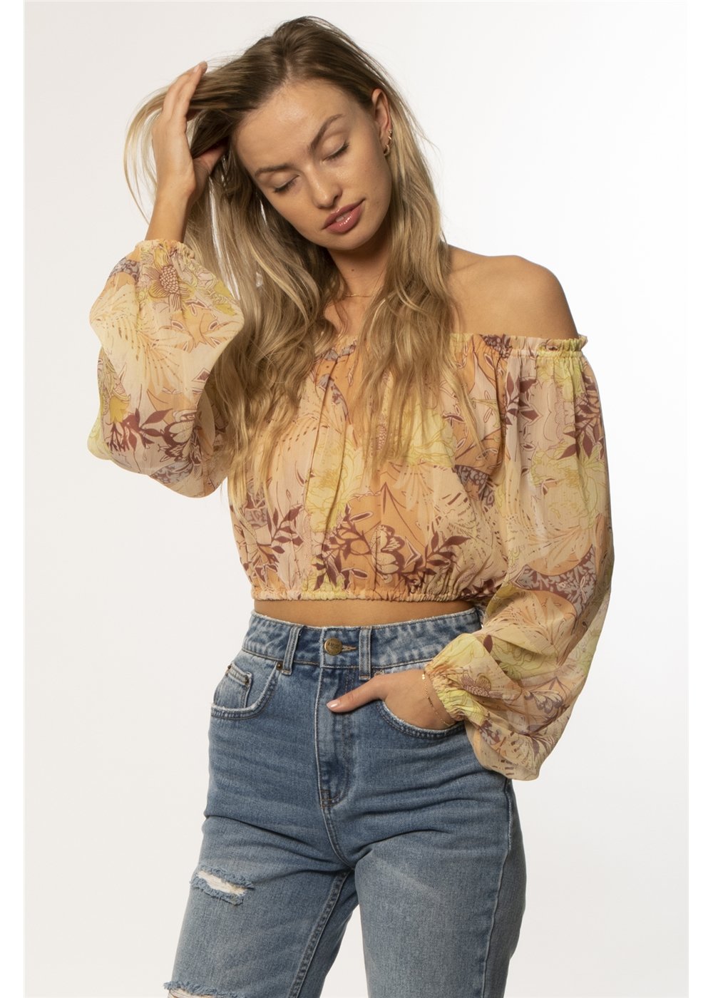 Amuse Society Women's Yasmin Long Sleeve Woven Top in Toffee. Front View 