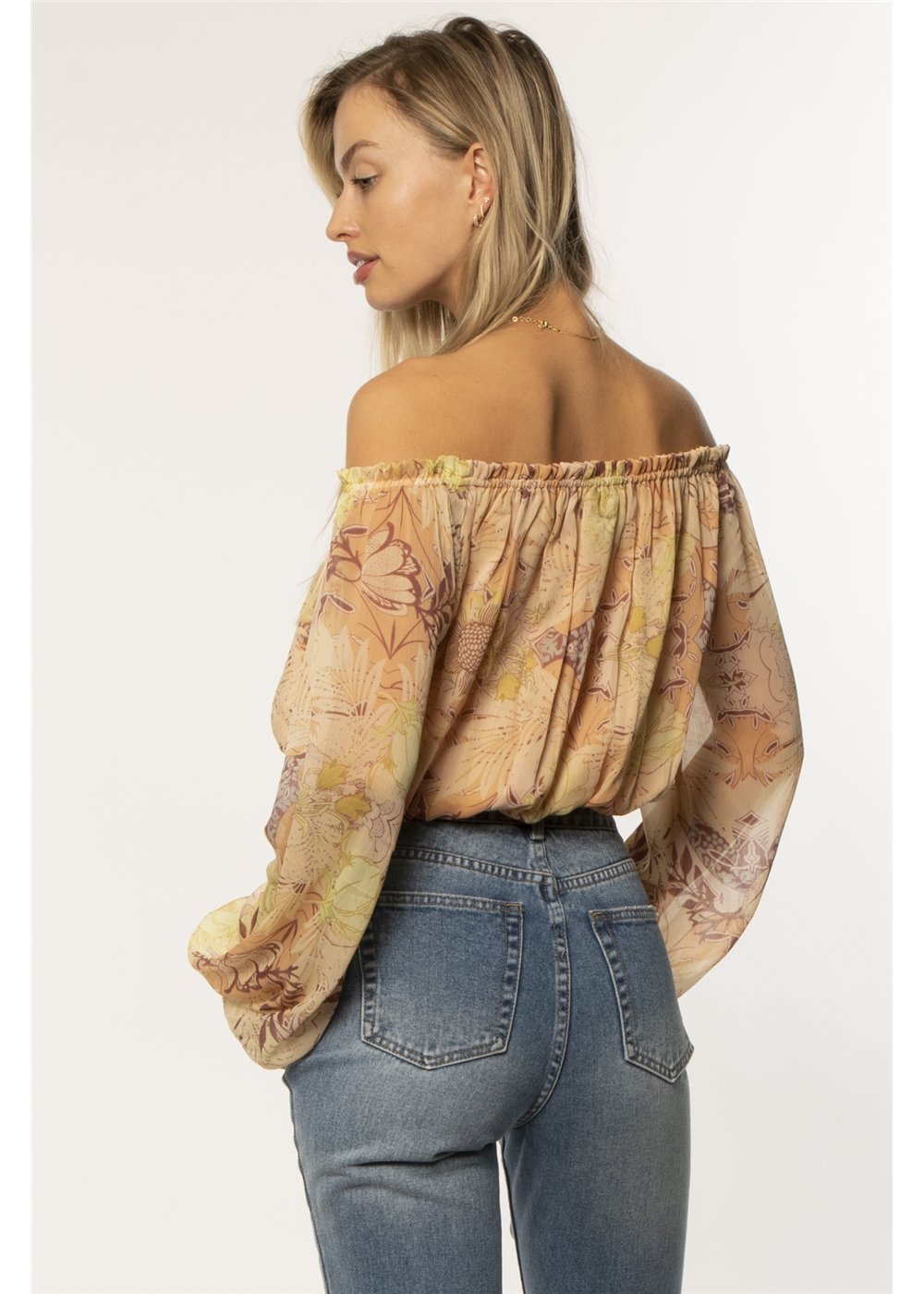 Amuse Society Women's Yasmin Long Sleeve Woven Top in Toffee. Back View 