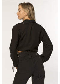 Amuse Society Women's Black Cheers Long Sleeve Woven Top. Back View on Model.
