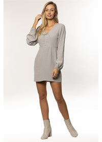 Amuse Society Women's Faye Long Sleeve Woven Dress in Bluestone. Front View on Model.